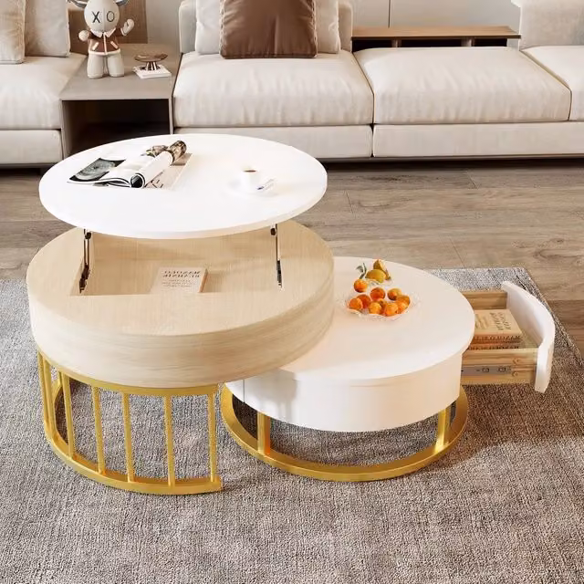 Tavolino da Caff¨¨ Rotondo Set 2 Pezzi ¨C MINIMAL ¨C Bianco Effetto Legno, MDF, Cassetto, Gambe Metallo Oro