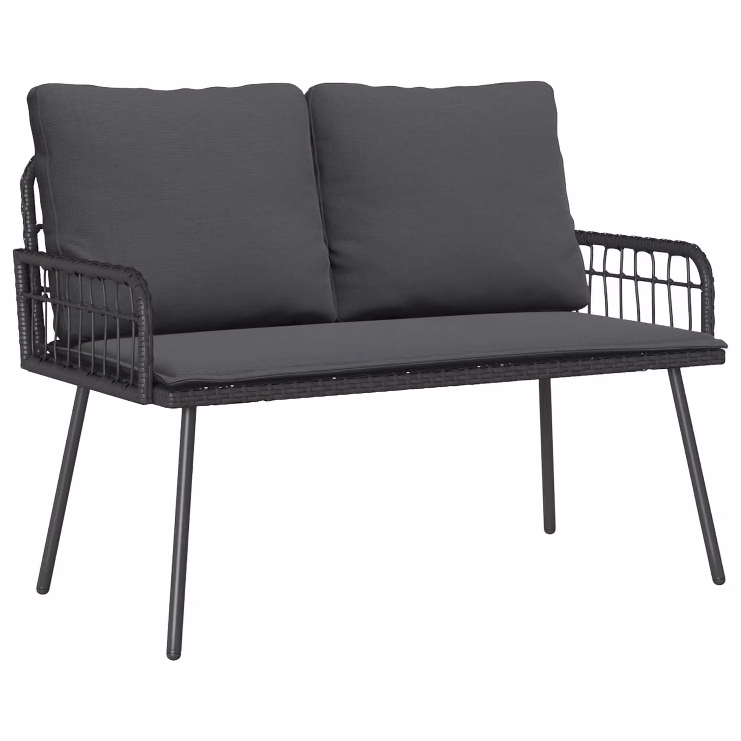 Panchina da giardino moderna vidaXL in metallo e rattan con braccioli, colore antracite, L: 110 cm, P: 64 cm, H: 90 cm