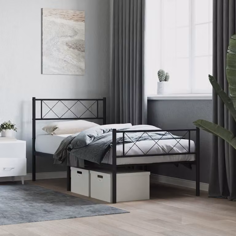 vidaXL Giroletto in metallo con testiera e pediera, Nero opaco, L: 112 cm, P: 207 cm, H: 90 cm