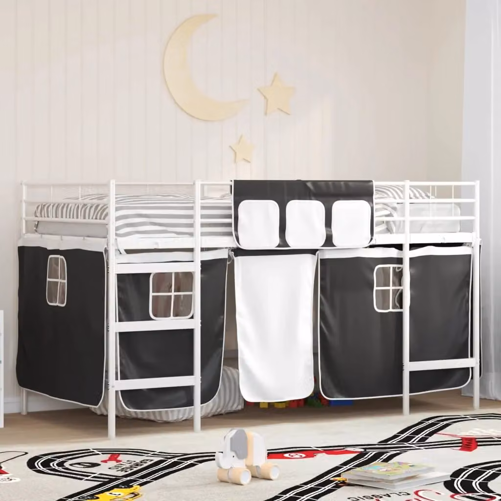 Letto Loft Singolo per Bambini DESIGN IN in Metallo con Scala e Tendine a Righe Bianco e Nero H 151 cm x L 200 cm x P 85 cm – 2