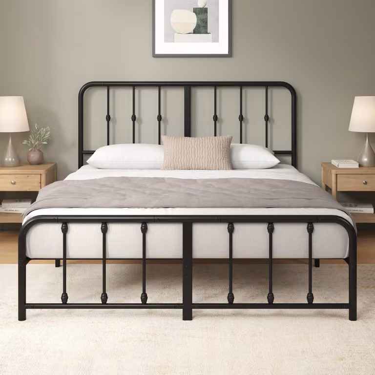 Letto in metallo con rete a doghe, dimensioni 140x190 cm, colore nero, con spazio contenitivo di 35 cm