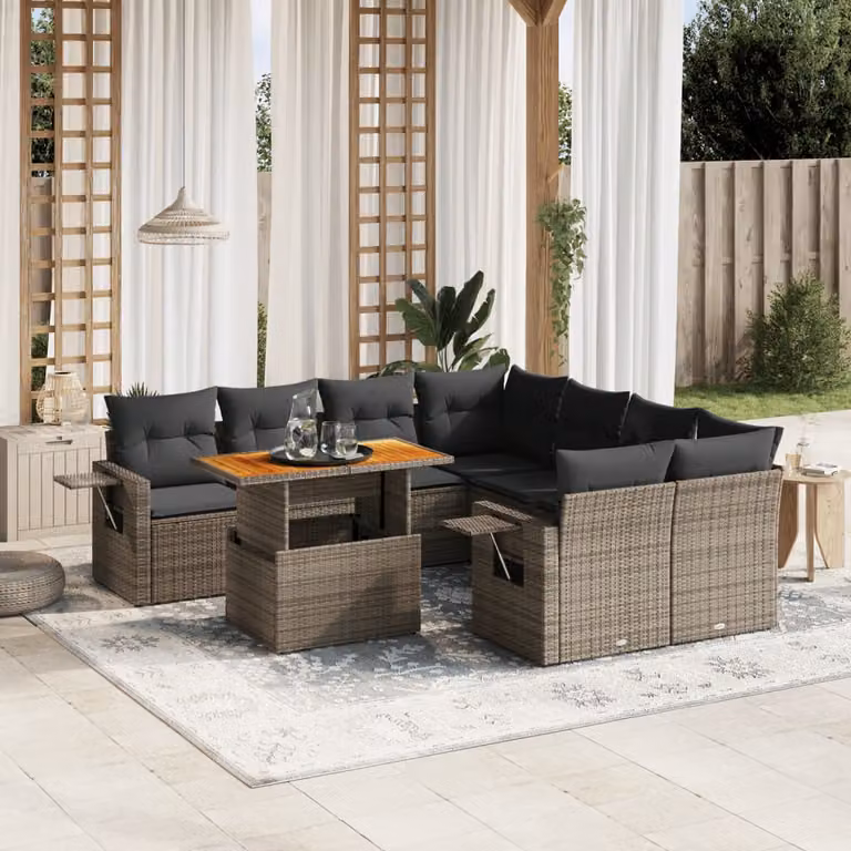 vidaXL Set Divano da Giardino a L 9 pz in Polyrattan Grigio con Cuscini e Tavolino