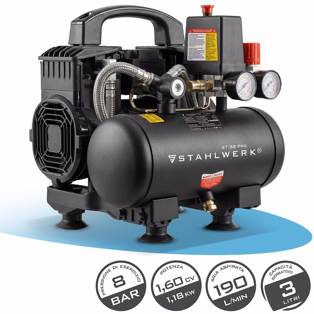 Compressore STAHLWERK con serbatoio da 3 L (ST-38 Pro) - senza olio e silenzioso, 8 bar, compressore d'aria silenzioso con motori brushless, 1,60 hp, 1,18 kW, 190 l/min