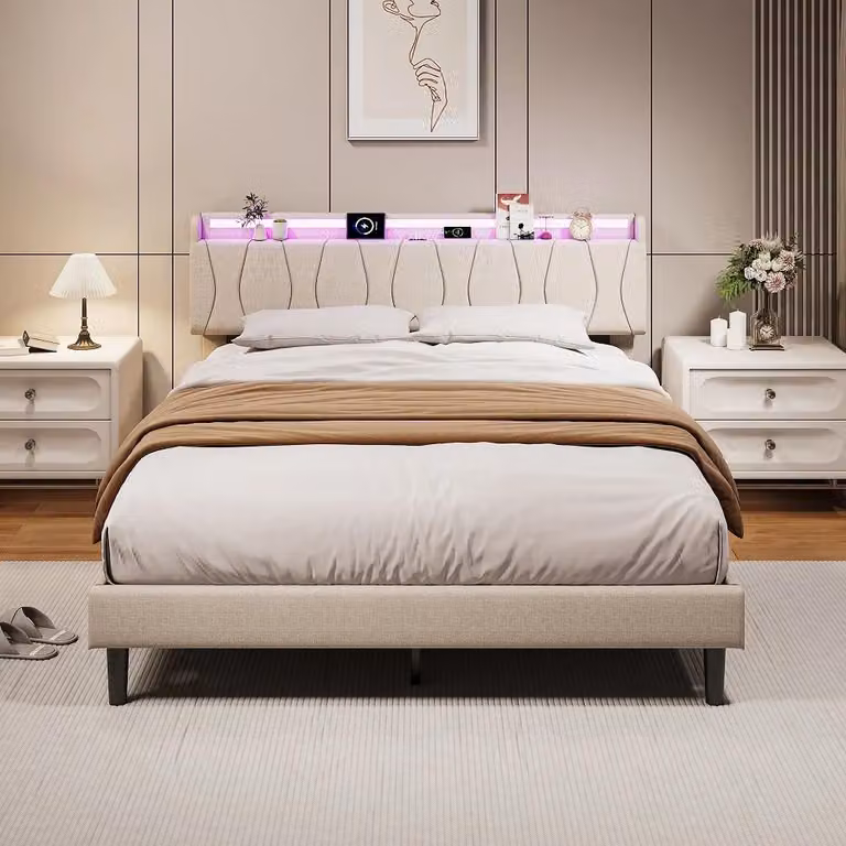 Letto imbottito - Letto matrimoniale - 160 x 200 cm - Struttura in legno - Senza contenitore - Rettangolare - Beige