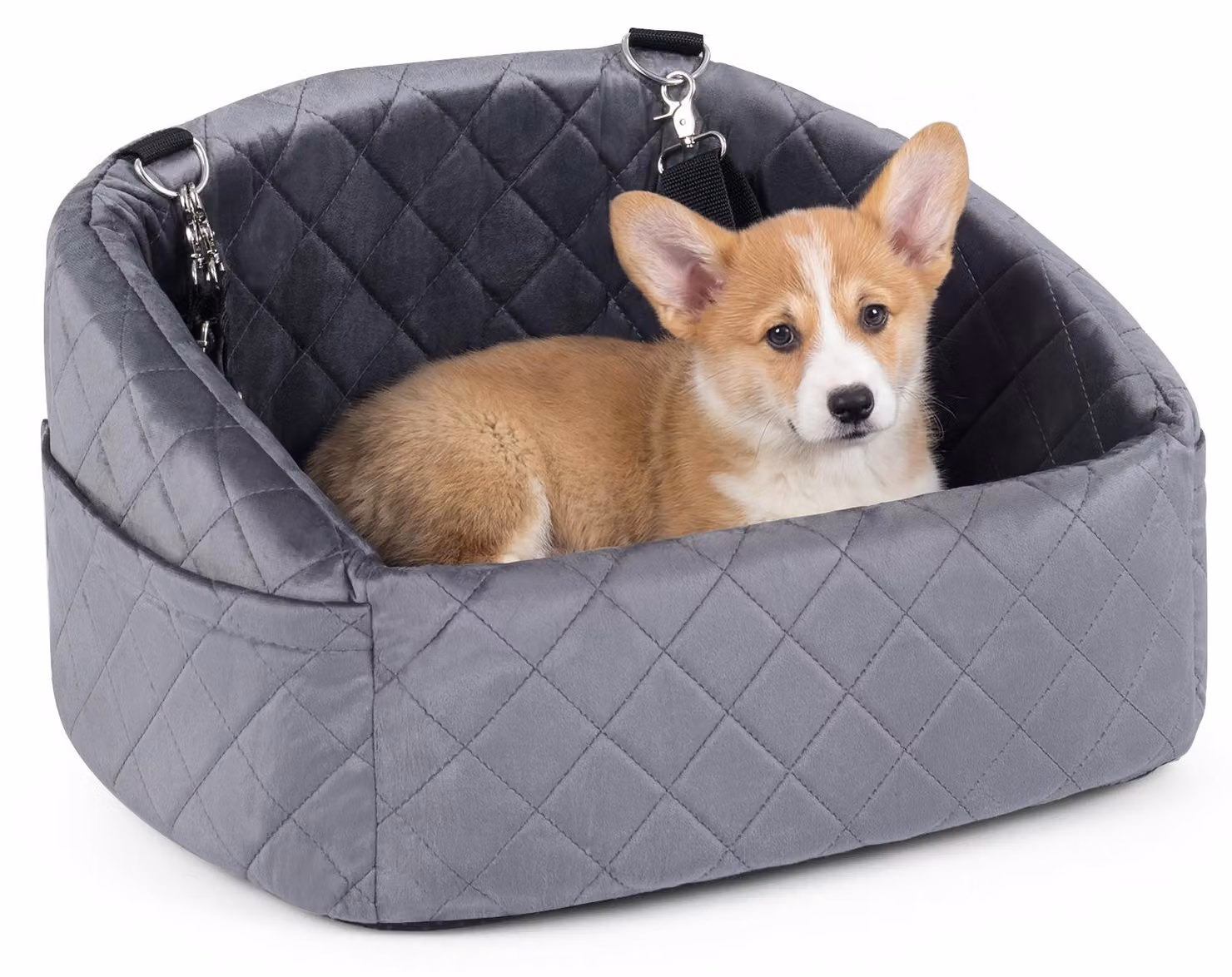COSTWAY Sedile per auto per cani, sedile per auto per cani con cinture di sicurezza, tasche laterali, base antiscivolo, cuccia rimovibile e lavabile 50x46x30 cm
