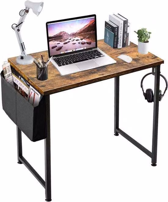 Uniqoos® Scrivania per computer in policarbonato, 80 x 50 x 75 cm – Scrivania compatta per computer, ideale per piccoli spazi, color marrone con struttura in metallo nero, realizzata in pannello di particelle di legno, con tasca portaoggetti e gancio per