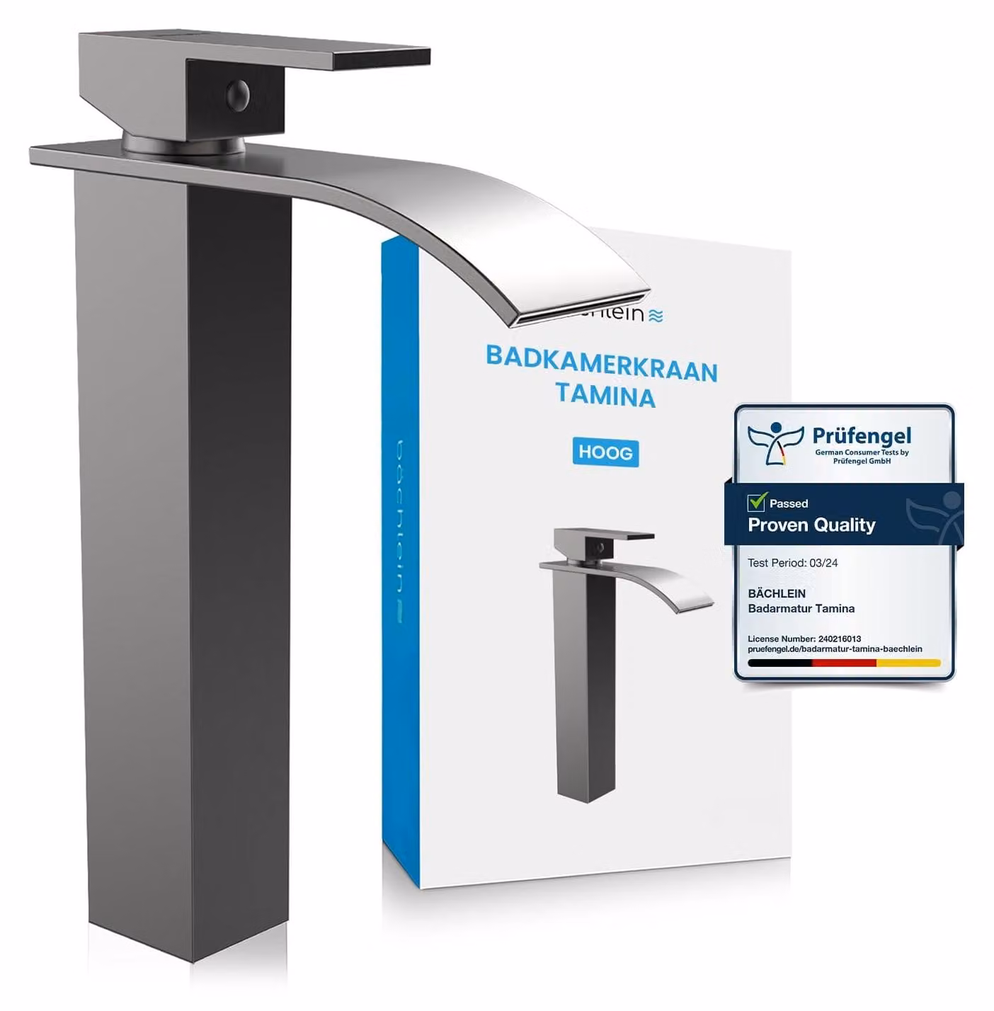 Miscelatore per lavabo, design a cascata, modello alto, colore antracite, monocomando, completo di kit di montaggio