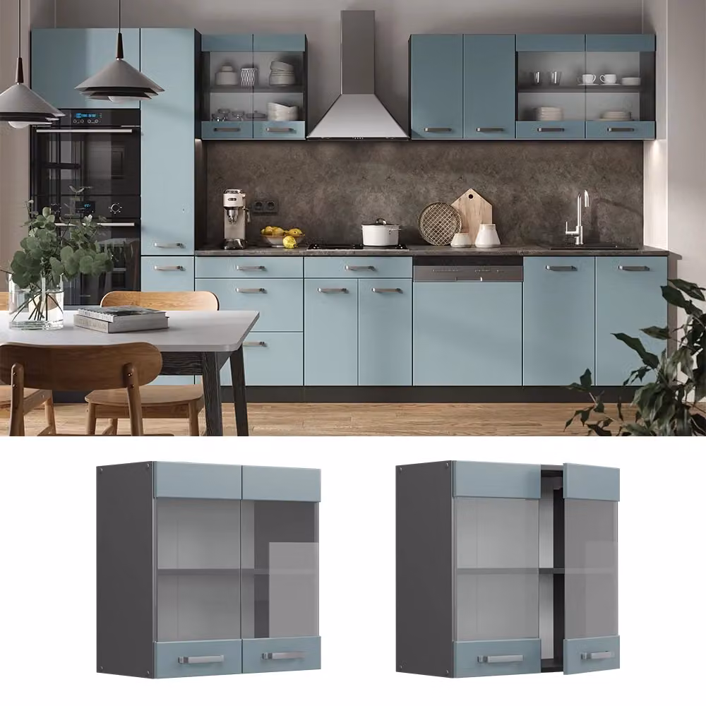 Pensile da cucina moderno Vicco R-Line con ante in vetro, Grigio-blu/Antracite, L: 60 cm, P: 31 cm, H: 60 cm – 2
