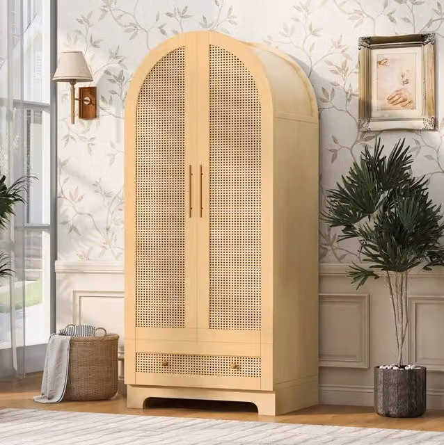 Armadio ULEVR 70x55x170 cm con 2 ante effetto rattan, 2 cassetti e vano interno, colore legno