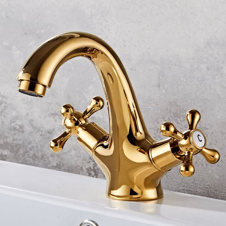 Miscelatore per lavabo in ottone anticato dorato, con due manopole a forma di croce