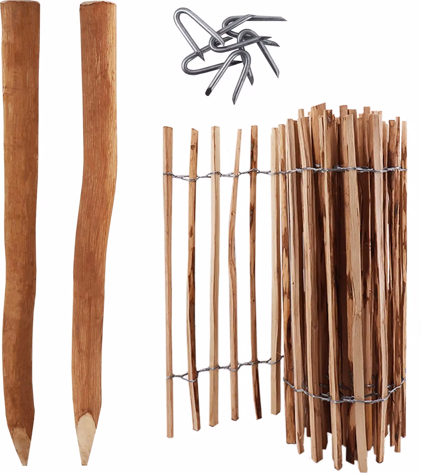 set completo di picchetti di recinzione di 5 metri, altezza 120 cm e distanza tra i picchetti di 4-6 cm, con 5 pali di legno lunghi 1,5 metri e graffette