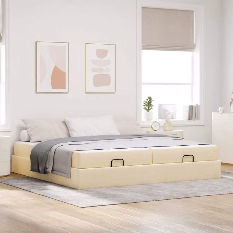 Set letto vidaXL con materasso in 2 pezzi, struttura imbottita in tessuto beige e legno, L/P: 200 x 200 cm