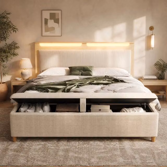 Letto matrimoniale 160x200 cm in corduroy beige con panca contenitore; testiera LED