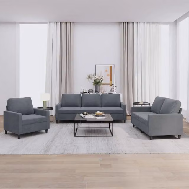 Set di divani 3 pezzi vidaXL in velluto grigio con cuscini per soggiorno moderno