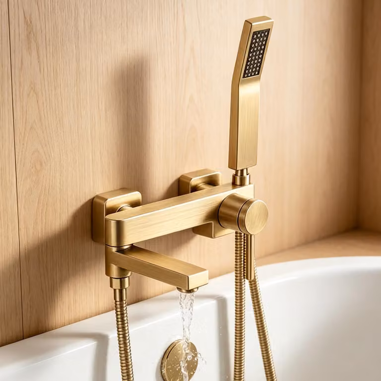 Rubinetto da bagno a parete con doccetta manuale, finitura oro spazzolato