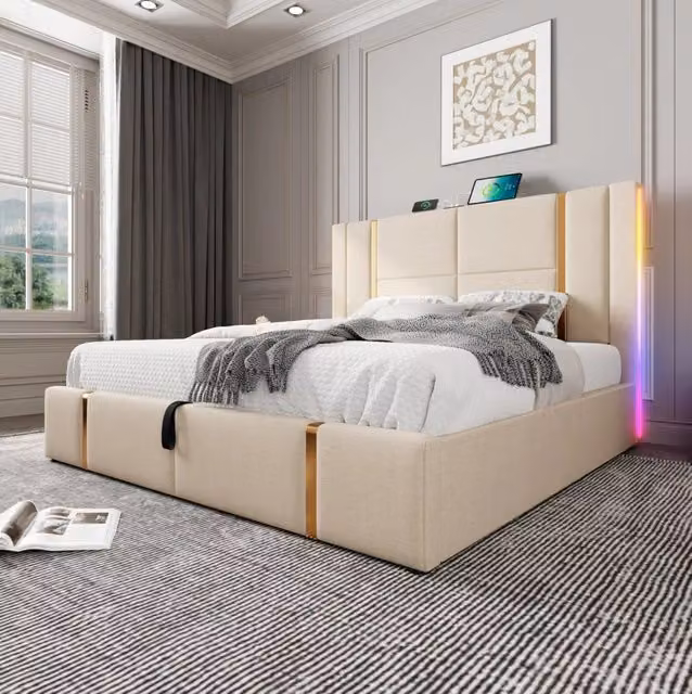 Letto imbottito 140x200 cm; LED e ricarica USB-C; lino beige (Senza materasso)
