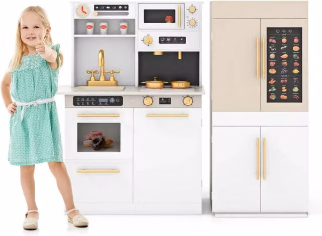Set da cucina didattico per bambini in legno e plastica con frigorifero, 2 pezzi, colore bianco, L/P/H: 60 x 31 x 95 cm