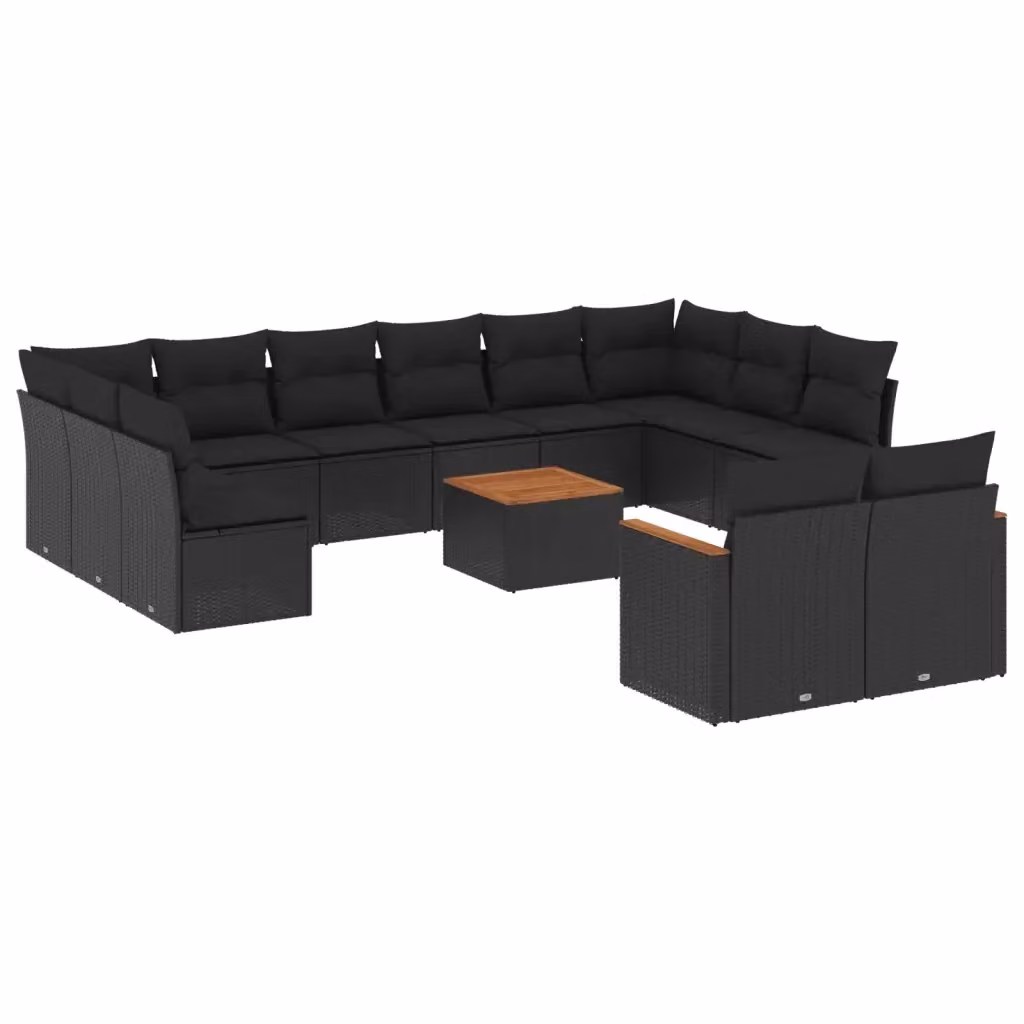 vidaXL Set Divani da Giardino a Forma di U in Polyrattan Nero con Cuscini e Tavolino da Esterno – 2