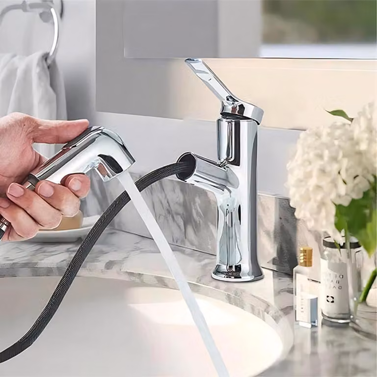 Miscelatore per lavabo con doccetta estraibile, 2 getti, monocomando, finitura cromata, corpo in ottone
