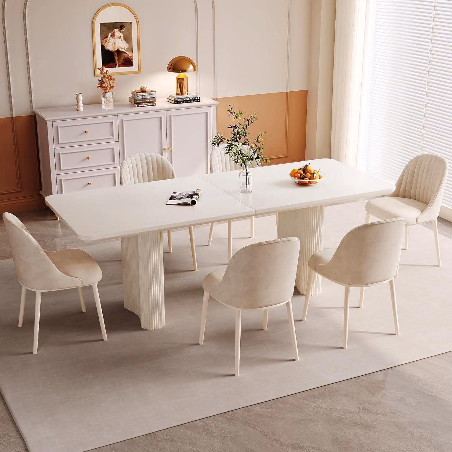 Set per sala da pranzo, composto da 7 pezzi: tavolo da pranzo di 200 cm di lunghezza e 6 sedie bianche