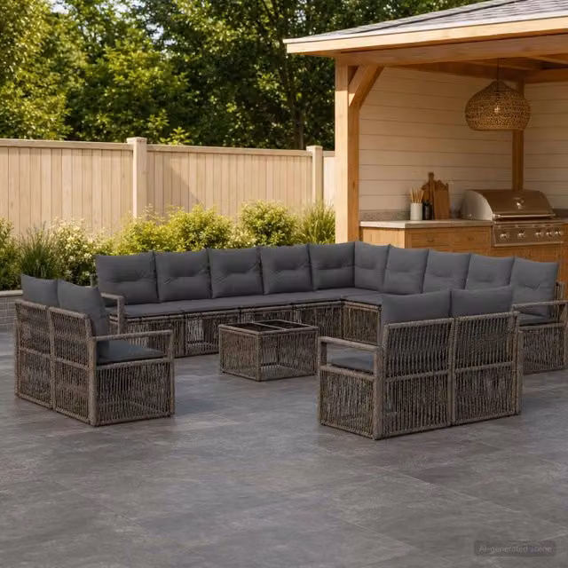 Set Divano da Giardino vidaXL 14 Pezzi a Forma di U Grigio con Cuscini e Tavolino