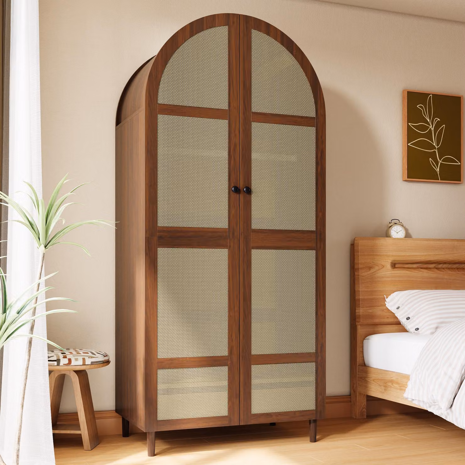 Armadio Merax con ante curve e frontale in rattan, mobile guardaroba con asta appendiabiti e cassetti, armadio per camera da letto, ingresso, noce