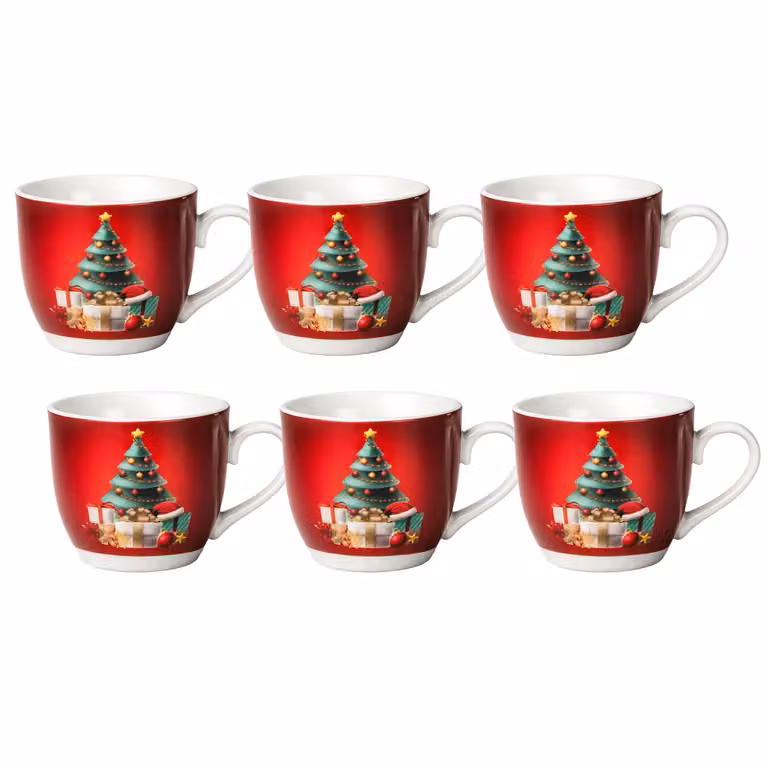 Set di 6 tazzine da caffè natalizie Merry Gift Vestiamo Casa in porcellana rossa da 9 cl