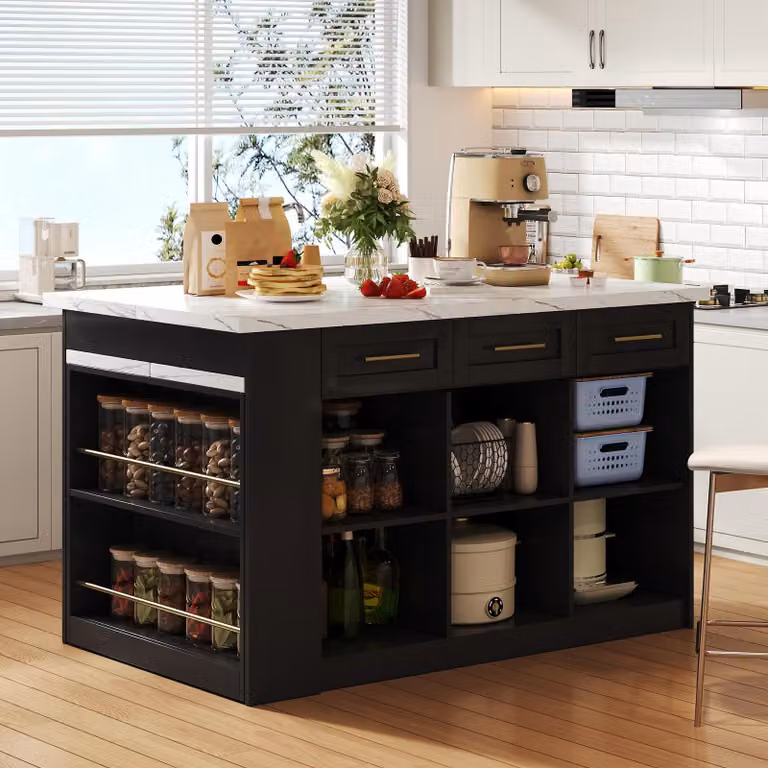 MODFU Credenza multifunzionale ad isola per cucina con tavolo da pranzo nascosto, tavolo bar ad isola per cucina con venature di legno laminato e ripiani regolabili, bianco nero