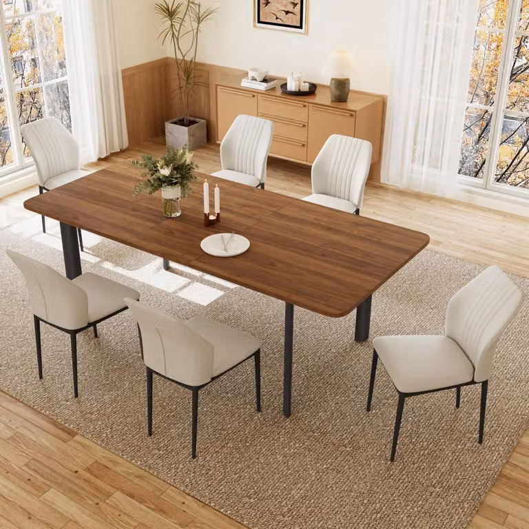Tavolo da pranzo allungabile con 6 sedie, dimensioni da 160 a 200 cm, finitura noce/bianco, realizzato in MDF