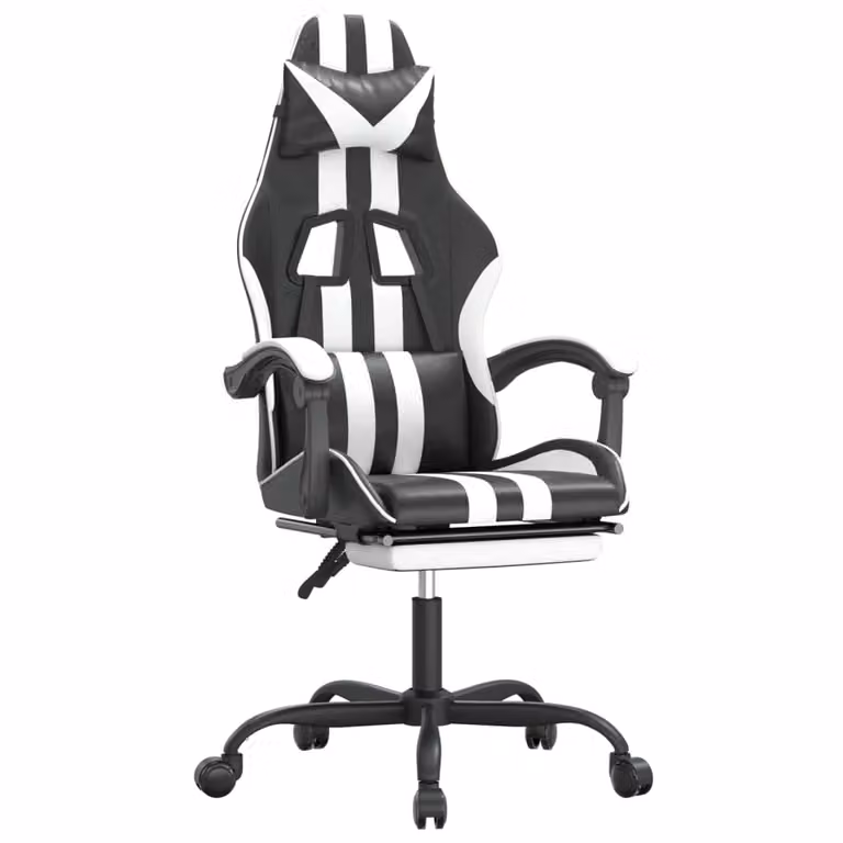 Sedia da Gaming Girevole Poggiapiedi Nero e Bianco Pelle finta