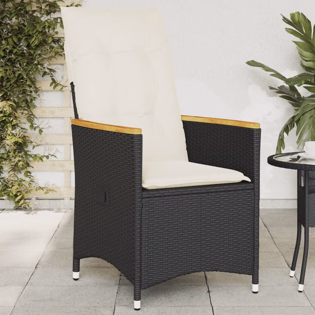 Sedia da giardino moderna vidaXL in legno di acacia oliato e rattan nero con cuscini
