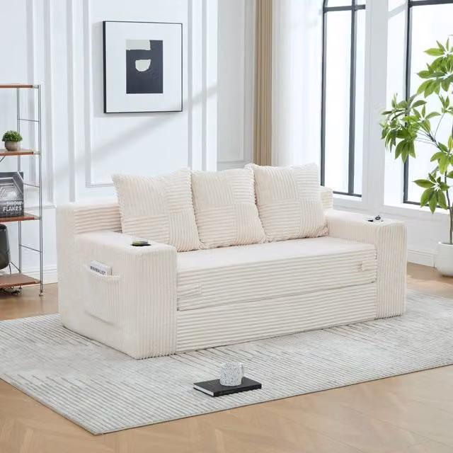 Divano modulare da pavimento 172x87x64 cm con portabevande in velluto a coste beige