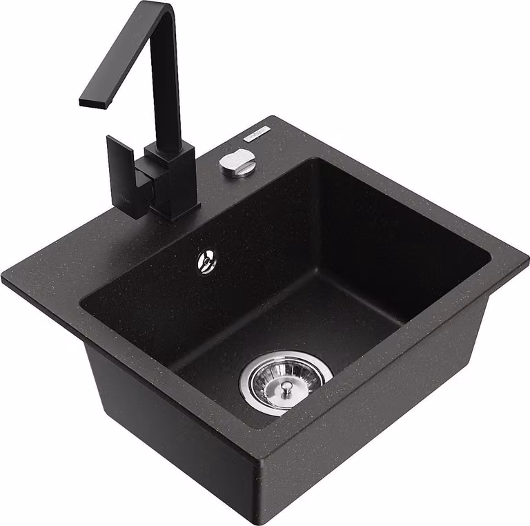 Mexen Milo lavello in granito a 1 vasca con rubinetto da cucina Rita, nero/oro metallico - 6505-75-670300-70
