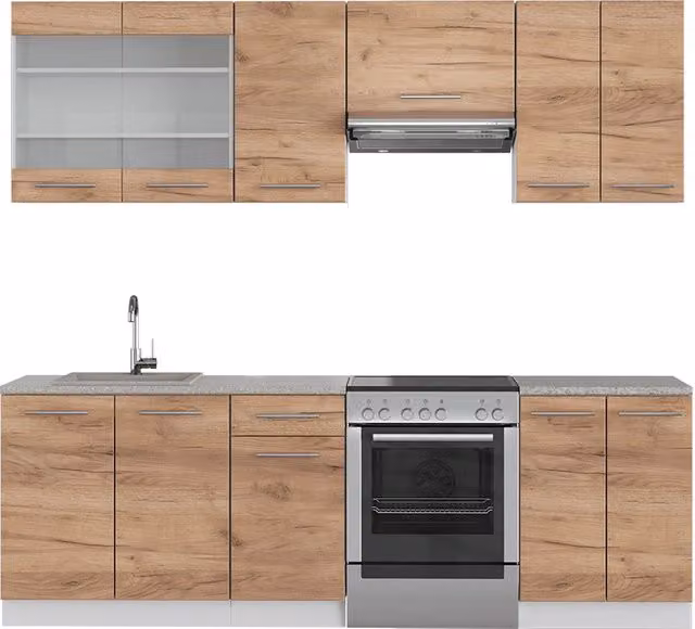 Cucina componibile moderna Vicco in legno e metallo, colore bianco e beige, L: 240 cm, P: 60 cm, H: 81,6 cm – 1