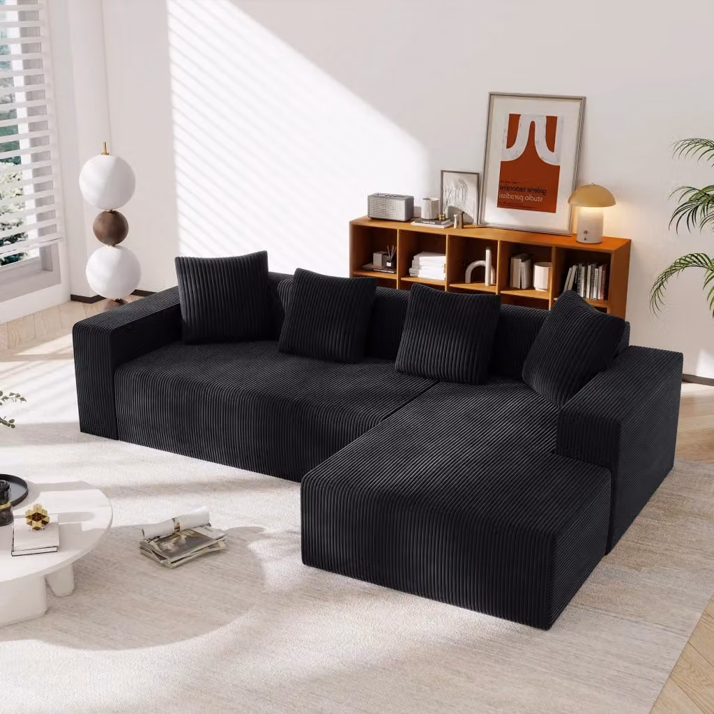 Divano angolare MIVRAY a 3 posti in velluto a coste nero con chaise longue reversibile e quattro cuscini inclusi L 261 x P 165 x H 85 cm – 2