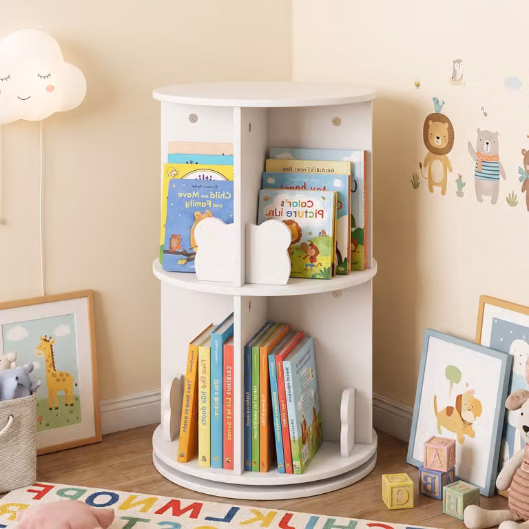 Costway Libreria rotante per bambini con paratie a forma di orso, Libreria angolare rotante per spazi ristrette Bianco