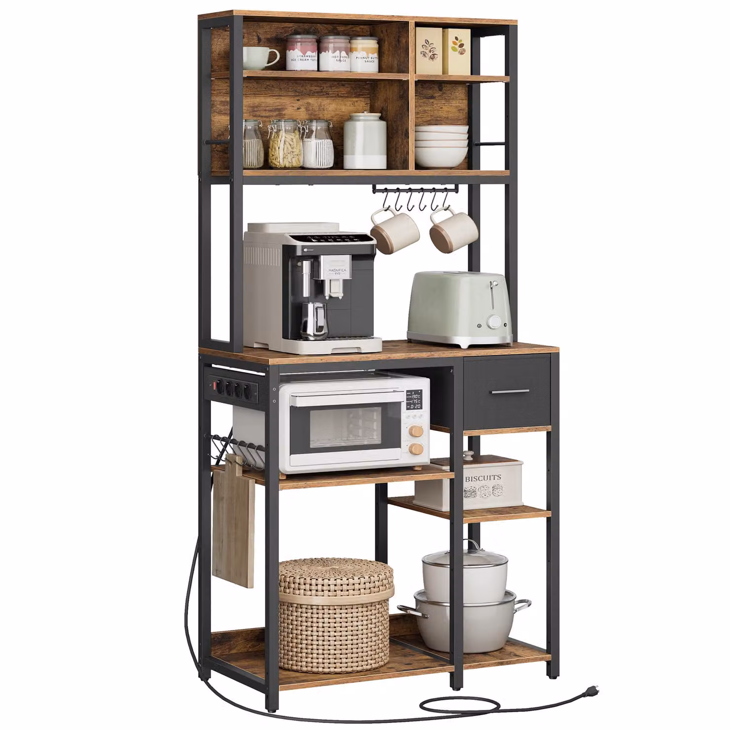 Scaffale da cucina VASAGLE con prese di corrente, ripiano in piedi, ripiano per microonde, ripiani regolabili, cassetto in tessuto, 12 ganci, 40 x 80 x 180,4 cm