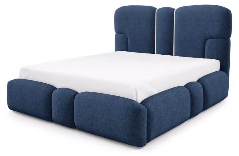 Letto imbottito con contenitore a cassettiera, colore blu inchiostro, dimensioni 140 x 200 cm