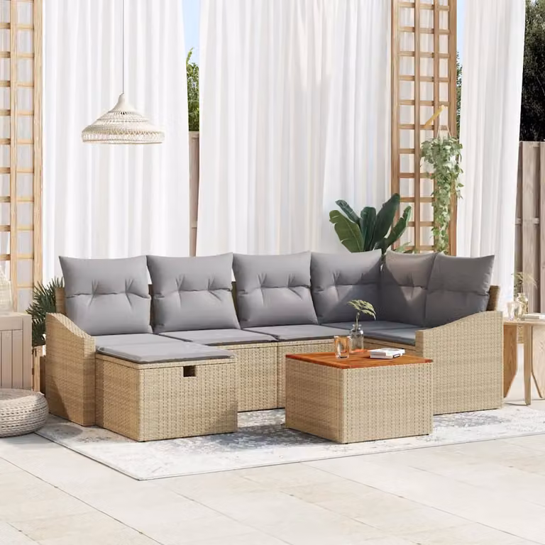 Set Divano da Giardino a L vidaXL 7 Pezzi Beige con Cuscini e Tavolino in Polyrattan e Acciaio
