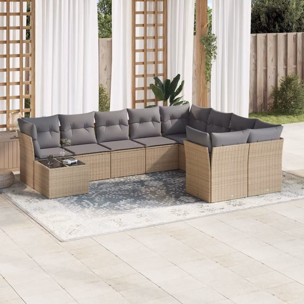 vidaXL Set Divano da Giardino 10 pz con Cuscini Beige e Grigio in Polyrattan e Acciaio