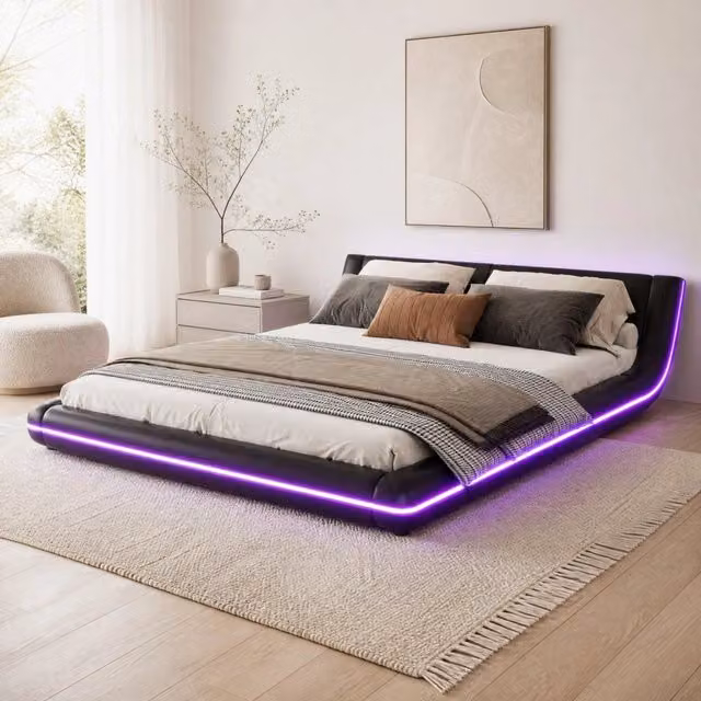 Letto a terra ULEVR 160x200 cm con LED multicolore controllabili tramite app e telecomando, PU e MDF, nero
