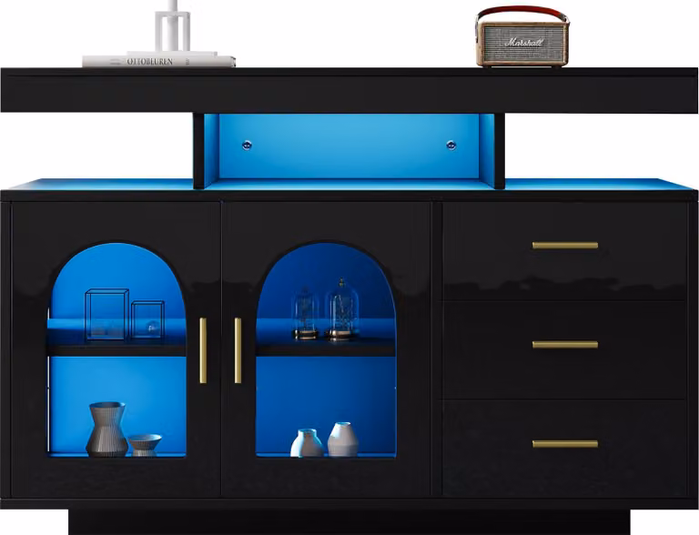 Credenza LED a buffet, mobile bar da 120 cm, cassettiera, mobile da cucina con luci a 16 colori per la sala da pranzo