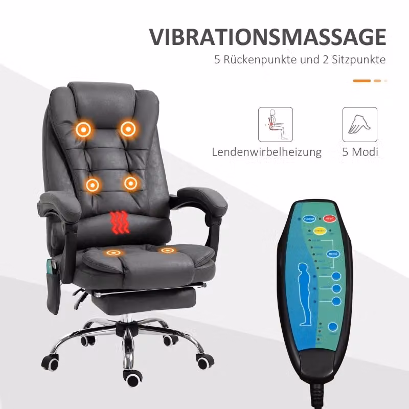 Sedia da ufficio ergonomica con massaggio, riscaldamento e poggiapiedi, reclinazione 135°, colore grigio scuro – 2
