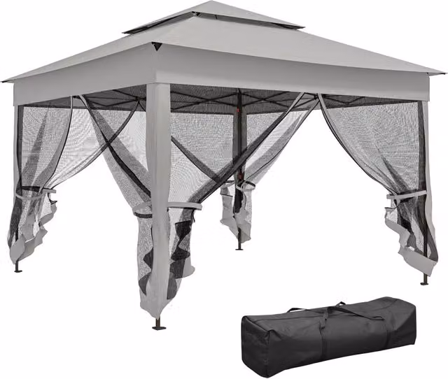 Gazebo pieghevole da giardino 325 x 325 x 270 cm anti UV zanzariere rimovibili moderno finitura opaca in poliestere grigio 21_0003837