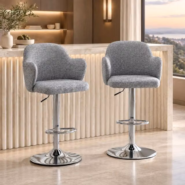 Set di 2 sgabelli da bar MIVRAY regolabili in altezza con braccioli, girevoli a 360 gradi, in tessuto grigio per cucina e sala da pranzo