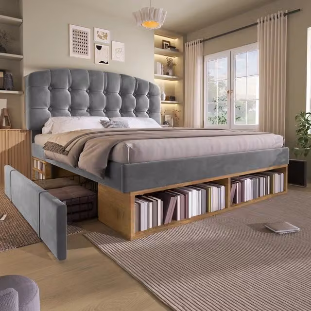 Letto matrimoniale 140x190 cm con testiera regolabile; cassetti e vani portaoggetti; velluto grigio