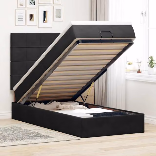 Letto con contenitore a sollevamento vidaXL in velluto nero con materasso, L: 190 cm, P: 90 cm, H: 128 cm