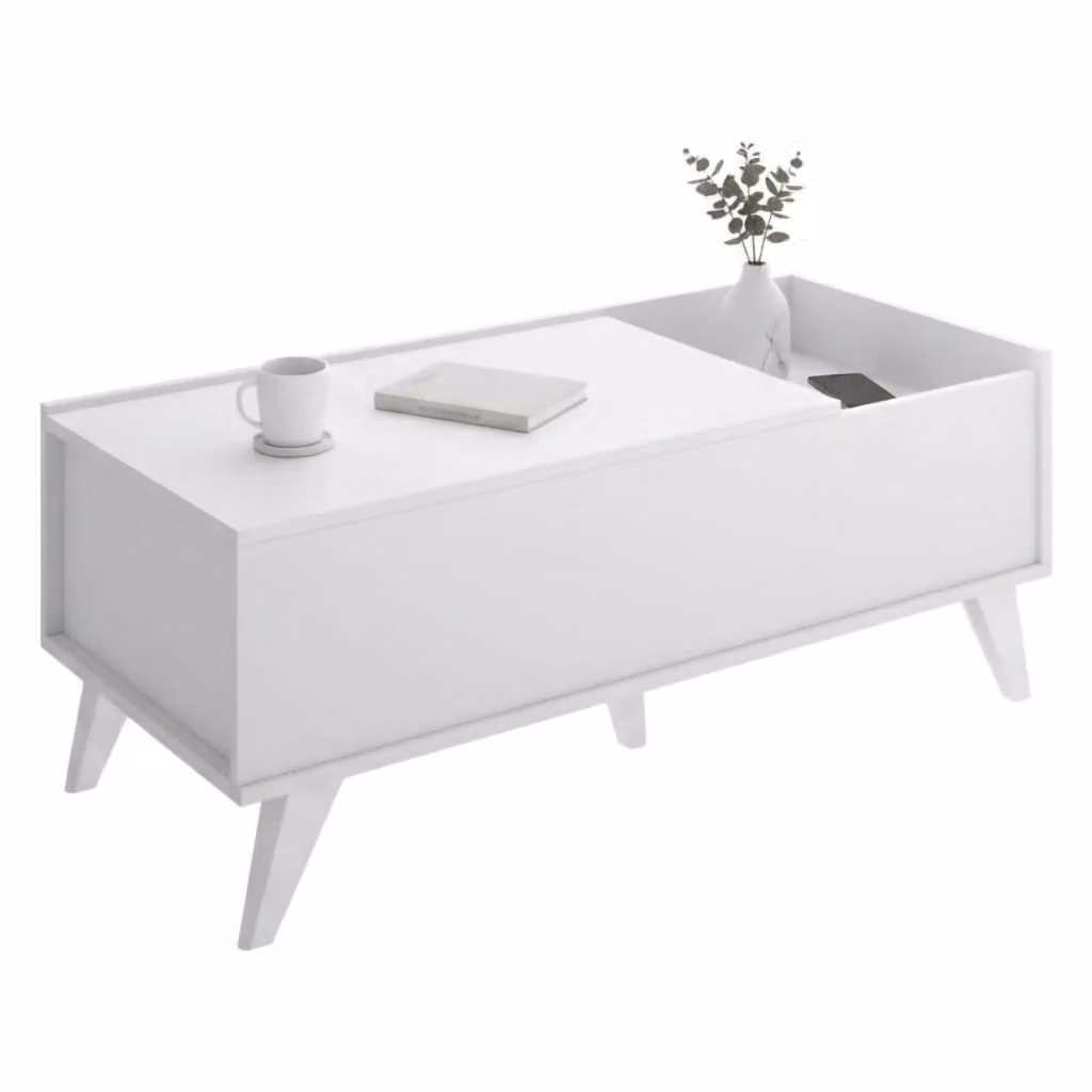 Tavolino da salotto moderno DMORA bianco con meccanismo lift e ripiano in MDF laminato L: 126 cm, P: 60 cm, H: 41 cm – 2