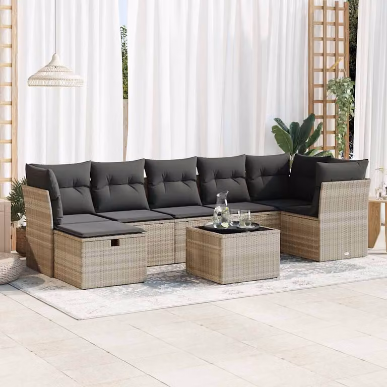 Set Divano da Giardino 8pz vidaXL in Polyrattan Grigio con Cuscini e Tavolino da Esterno