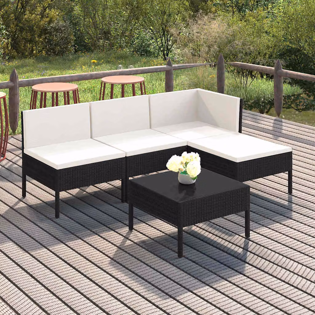 Set da giardino vidaXL composto da 5 pezzi con divano ad angolo, tavolino e pouf in rattan nero e bianco con cuscini inclusi